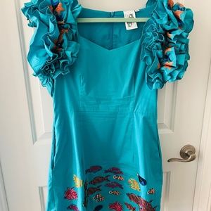 Queen of Sparkles Aqua Fish Poof Ruffle Sleeve Dress Size M